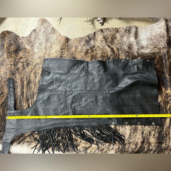 Black Leather Fringe motorcycle biker chaps braided XS - Picture 7 of 8